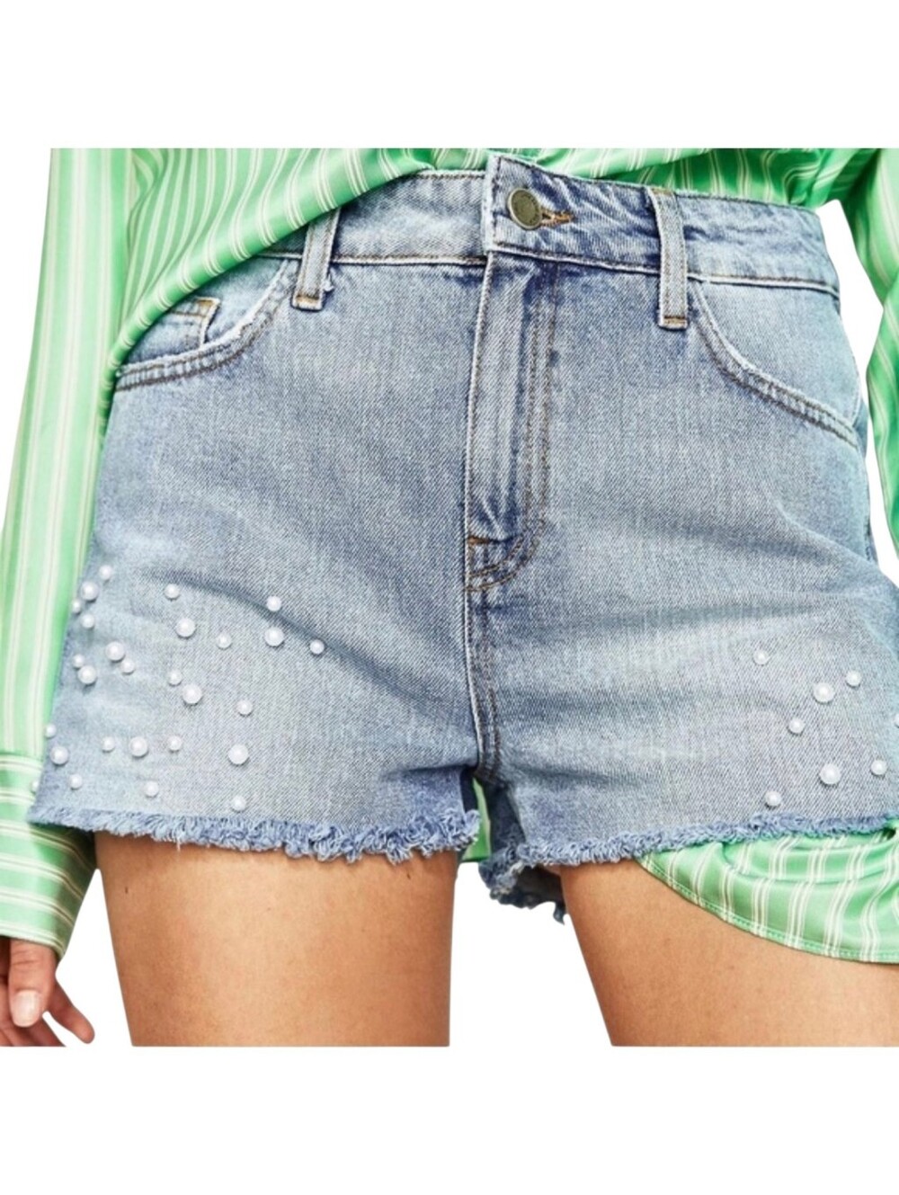 Zara Basic Blue Pearl Cut Off Frayed Denim Jean Shorts